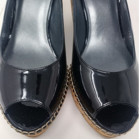 Stuart Weitzman Black Patent Leather Slingback Wedges 7.5 - Picture 6 of 8